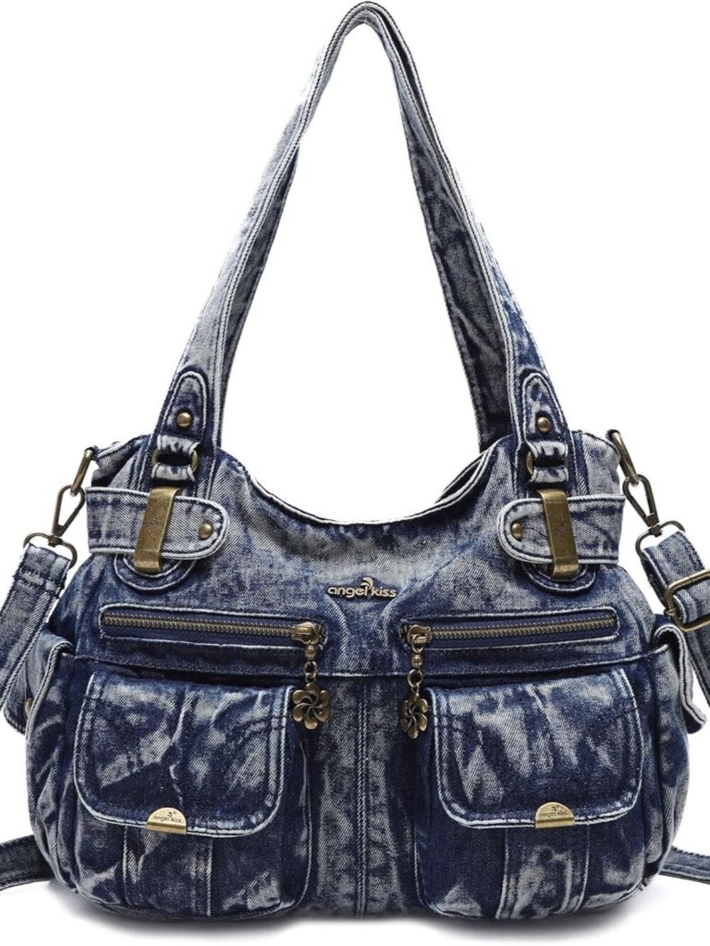 Women's Designer Handbag Large Double Zipper Multi Pocket Washed Leather Purse